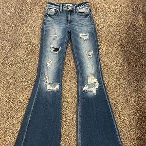 KanCan ripped wide leg/flare jeans dark blue and white wash slim fit high rise